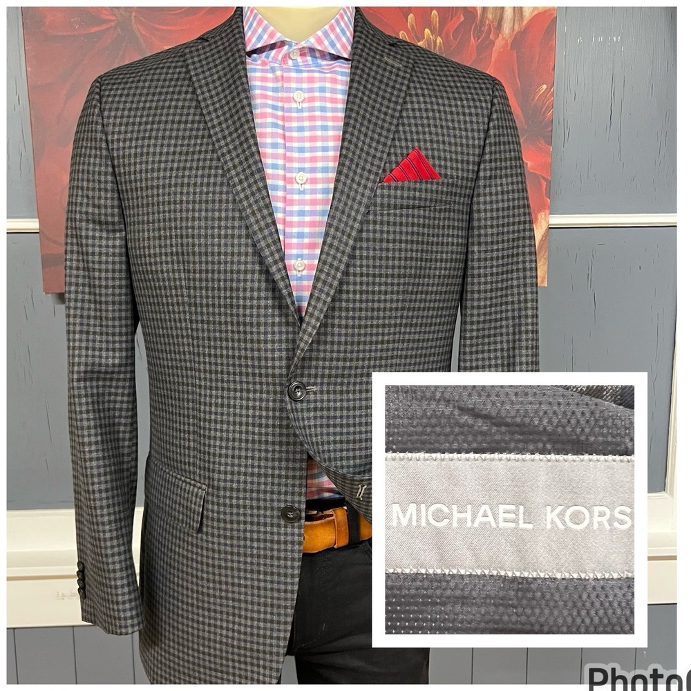 Michael Kors Blazer Mens 40L Long Polyester Rayon Jersey Gray/Black/navy Check